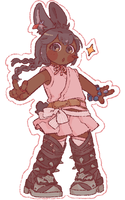 a chibi drawing of meade. she's making a peace sign.